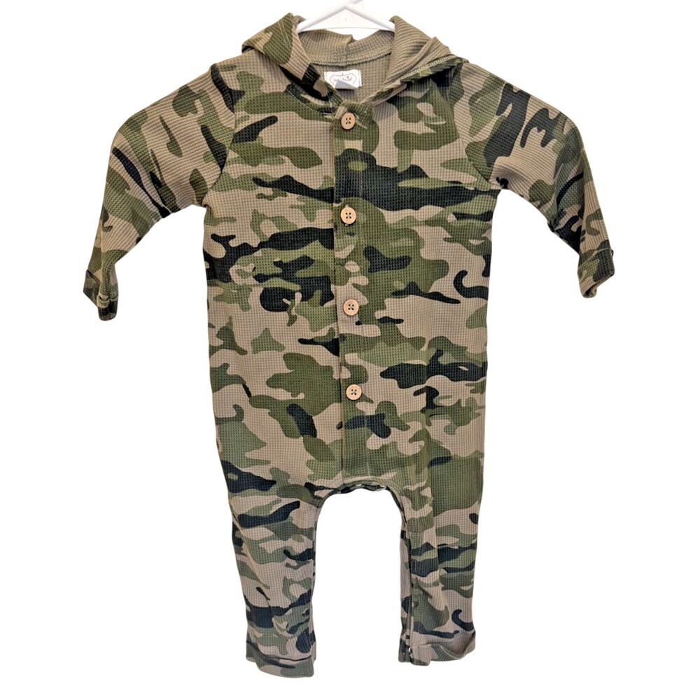 Mud Pie Baby Boy Long Sleeve Hooded Thermal Green Camo Romper Size 12-18 Months